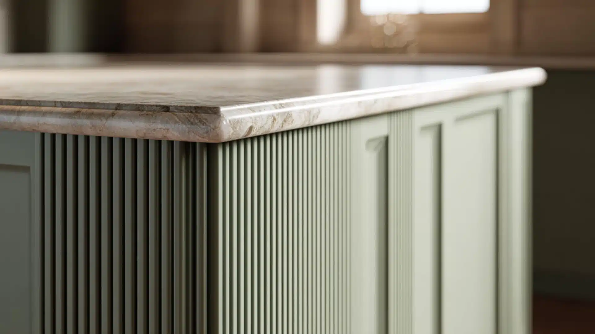 fluted vertical sage green panels on kitchen island side with veined stone countertop above