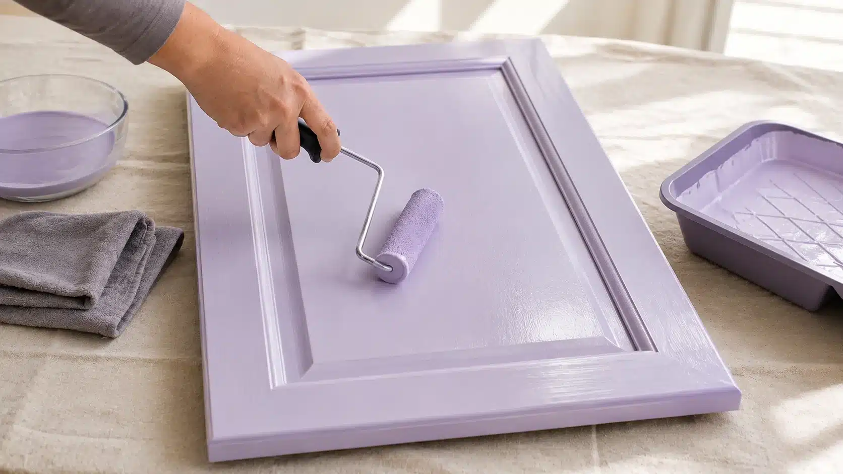 foam roller applying light lavender enamel paint to a cabinet door in a bright diy workspace