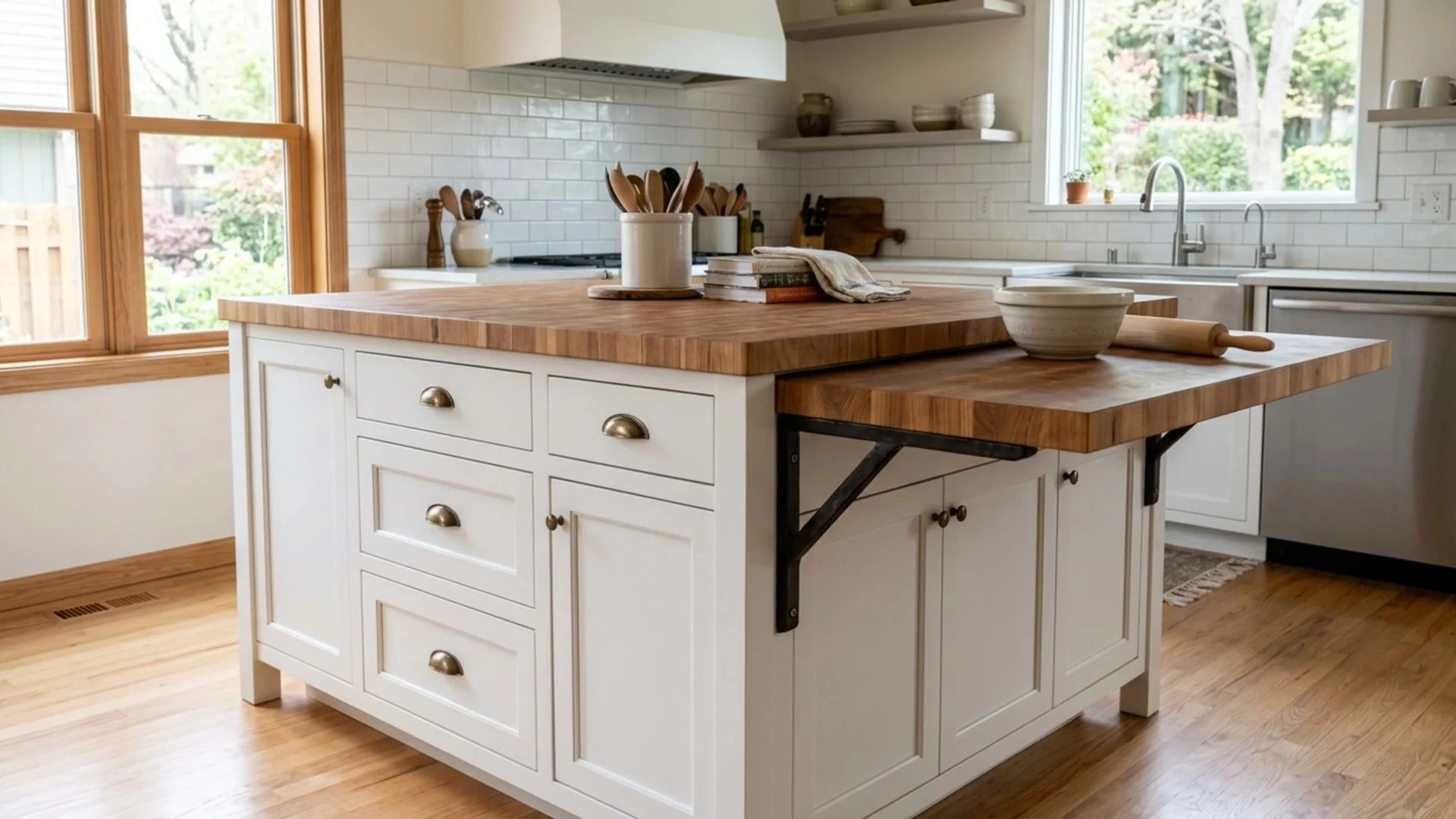 fold-down butcher block work shelf extended on metal brackets from white kitchen island side panel