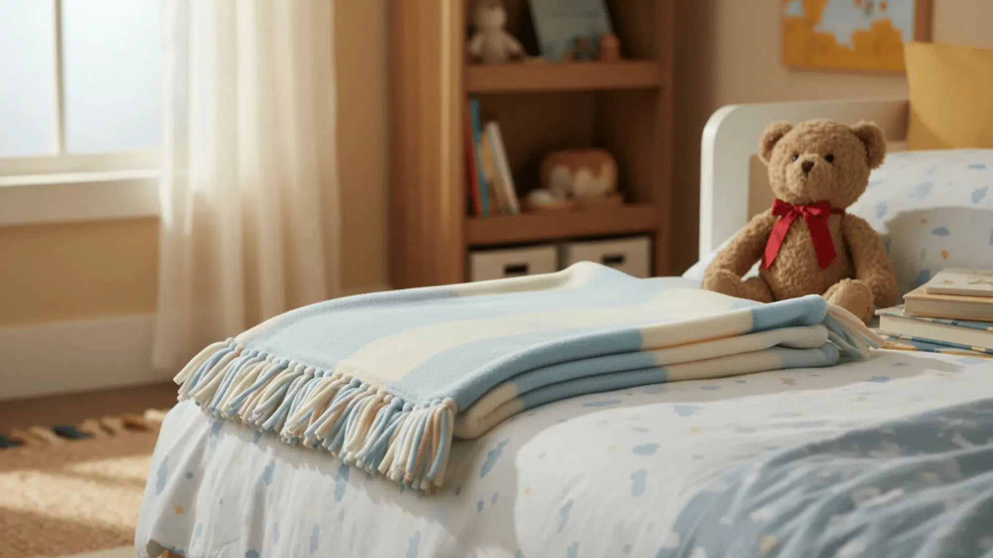 folded blue and cream fleece tie blanket on a child's bed with a stuffed animal