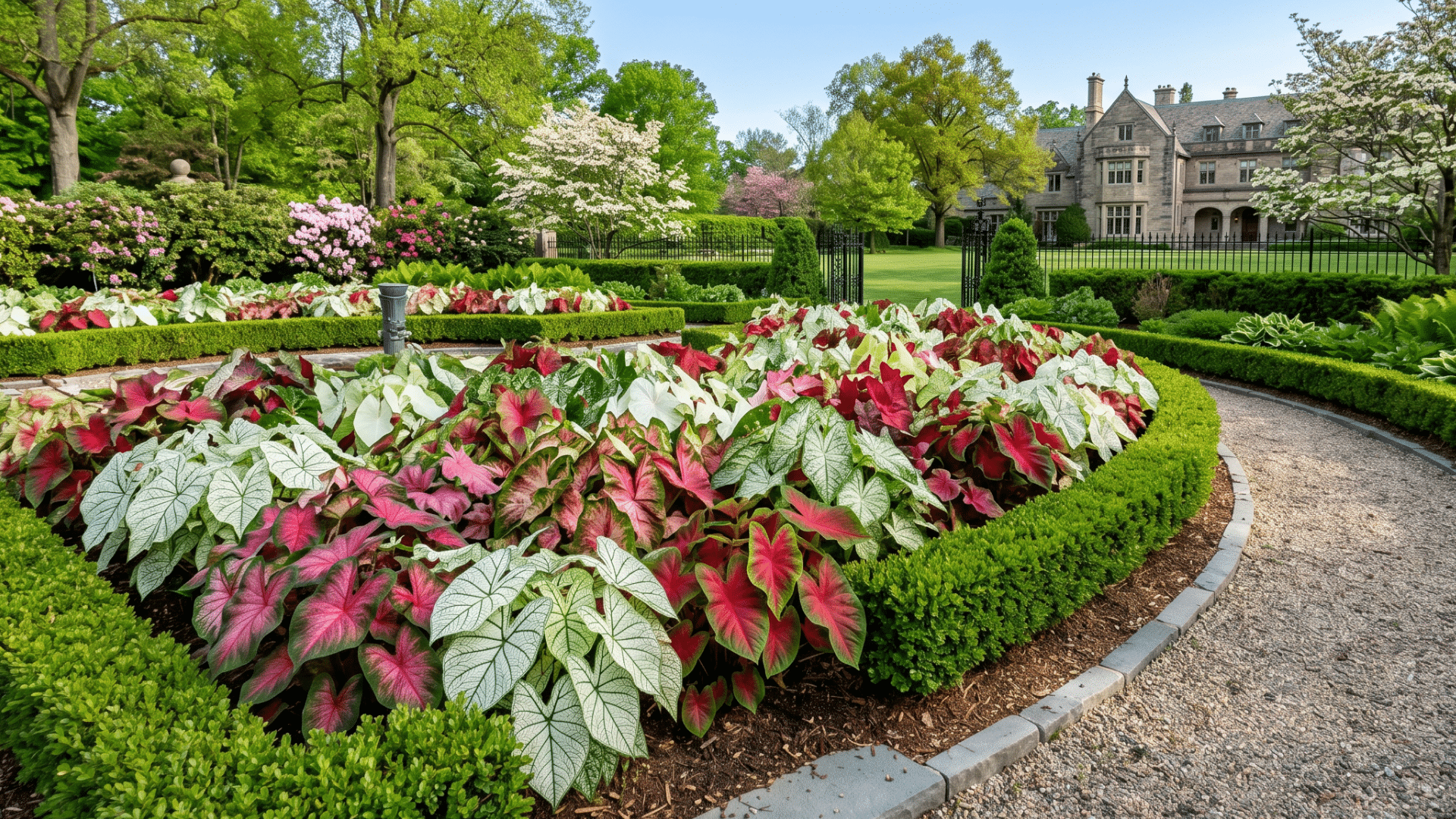 formal garden with a curved gravel path, manicured hedges, and a vibrant flower bed filled with red, white, and green caladiums. A large stone mansion is visible in the background under a clear bl