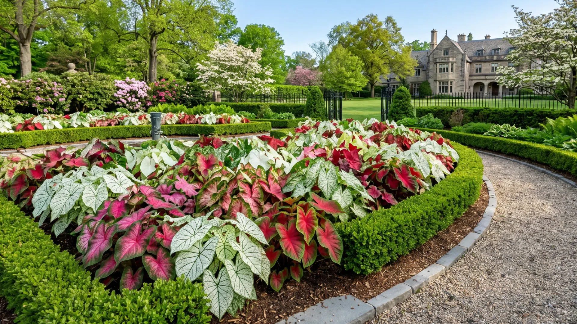 formal garden with a curved gravel path, manicured hedges, and a vibrant flower bed filled with red, white, and green caladiums. A large stone mansion is visible in the background under a clear bl