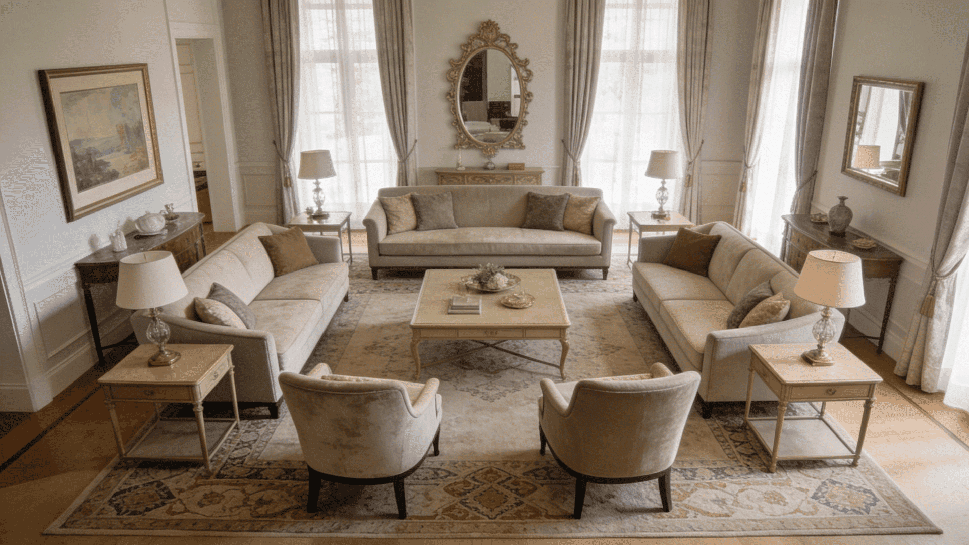 formal symmetrical drawing room with central seating arrangement decorative art and refined classic interior design