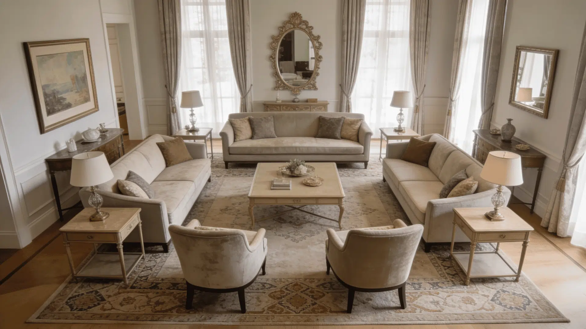 formal symmetrical drawing room with central seating arrangement decorative art and refined classic interior design