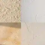 four different ceiling texture types in a split layout popcorn swirl venetian plaster and knockdown