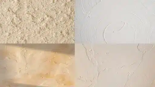 four different ceiling texture types in a split layout popcorn swirl venetian plaster and knockdown