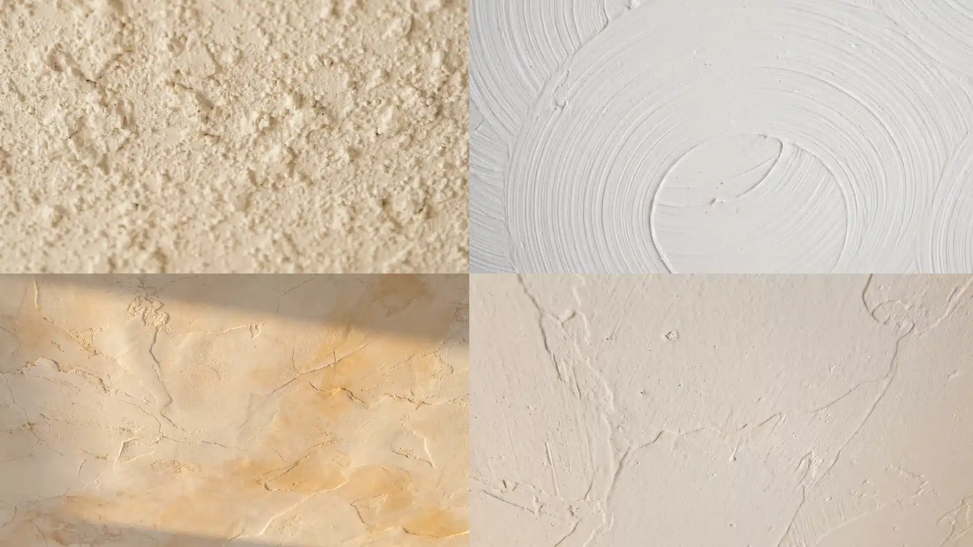 four different ceiling texture types in a split layout popcorn swirl venetian plaster and knockdown