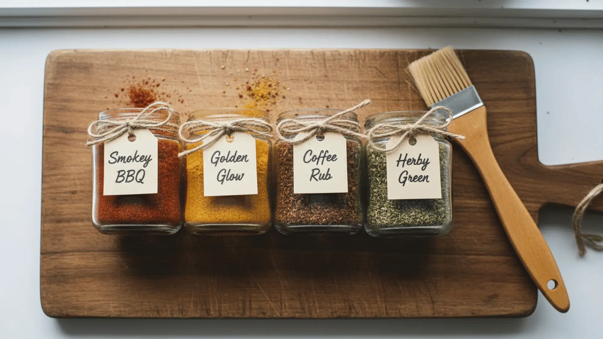 four glass jars of BBQ spice rubs with twine labels on a wooden cutting board