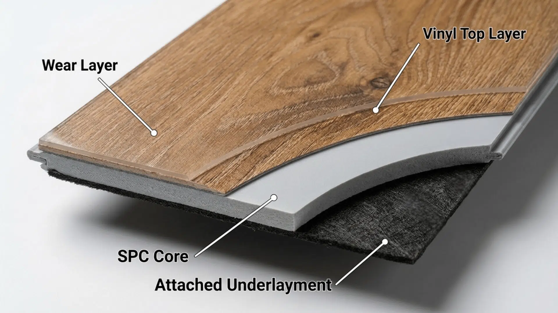 four layer spc flooring structure showing wear layer decorative vinyl rigid core and backing