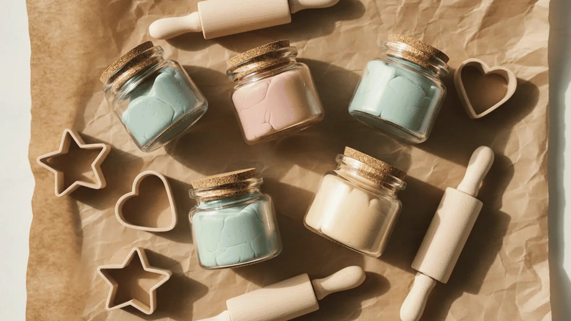 four pastel play dough containers with mini rolling pins and cookie cutters on kraft