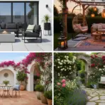 four small patio ideas in a grid showing modern minimal bohemian mediterranean and english cottage garden styles