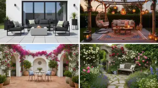 four small patio ideas in a grid showing modern minimal bohemian mediterranean and english cottage garden styles