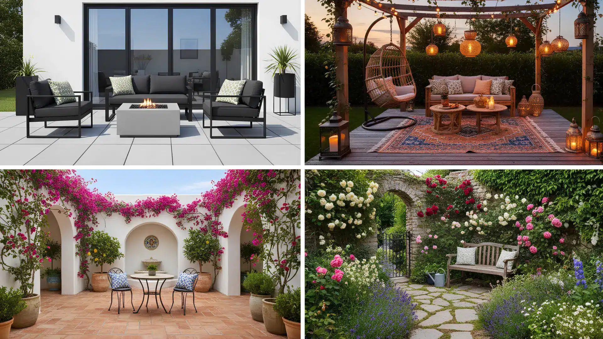 four small patio ideas in a grid showing modern minimal bohemian mediterranean and english cottage garden styles
