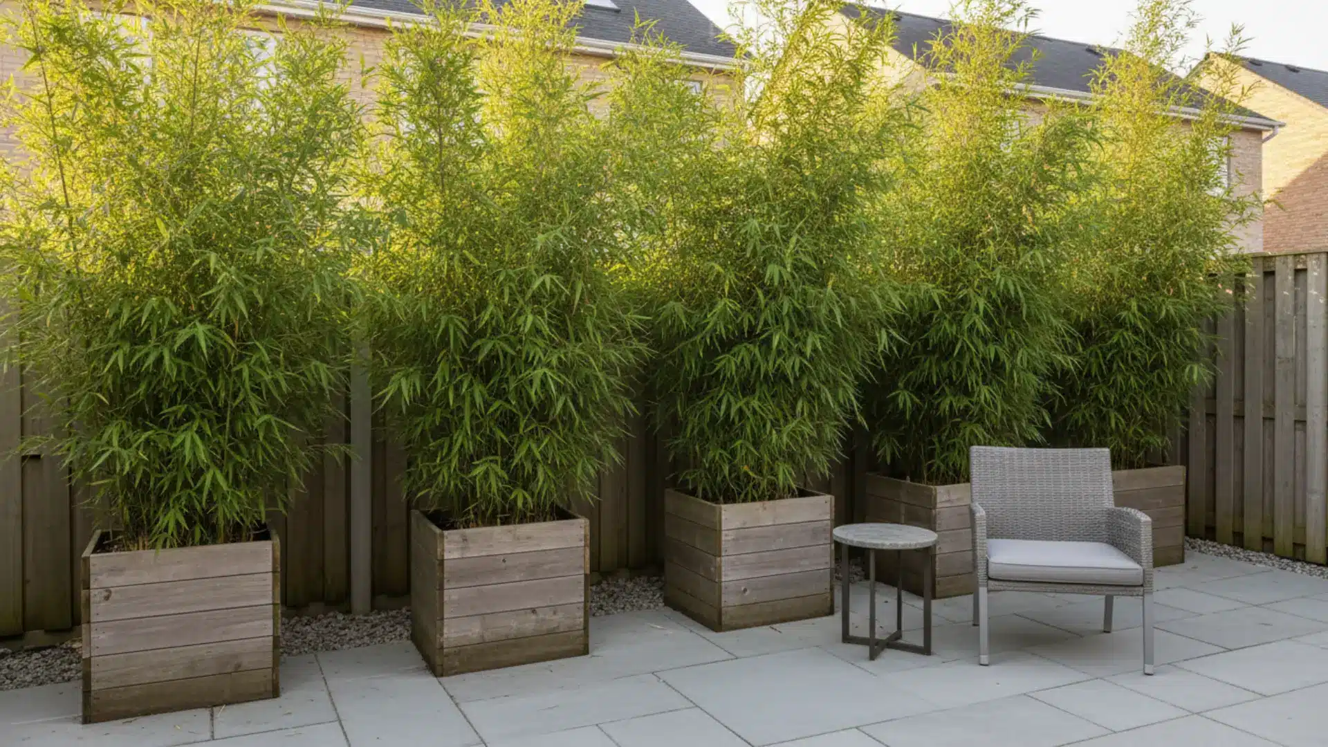 four tall wooden square planters filled with dense bamboo creating a natural privacy wall on a small backyard patio with a grey wicker chair and side table on clean stone pavers