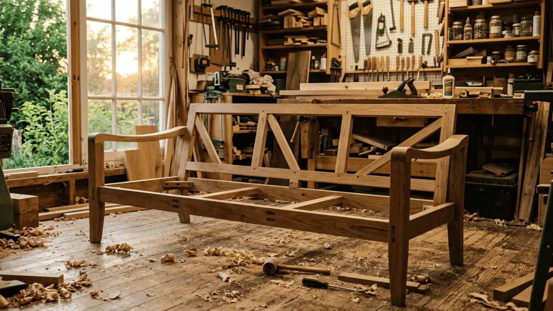 unfinished wooden bench frame in a sunlit woodworking shop with tools shelves wood shavings and garden view
