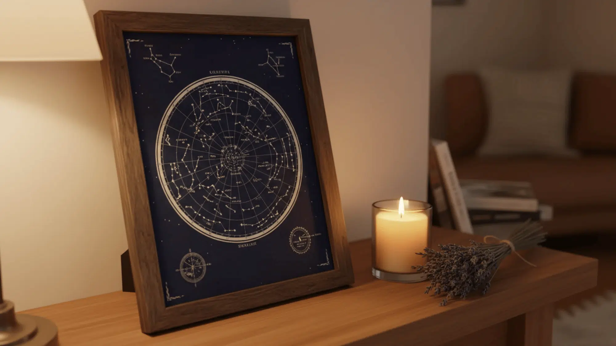 framed dark blue star map on a wooden mantel beside a candle and dried lavender