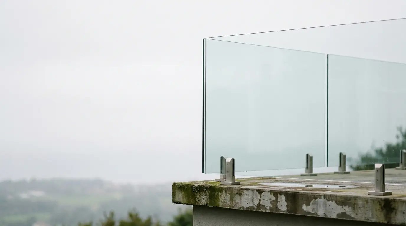 Glass railing installed on concrete balcony overlooking foggy landscape