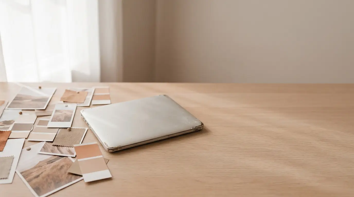 Laptop and paint swatches on wooden desk in softly lit workspace