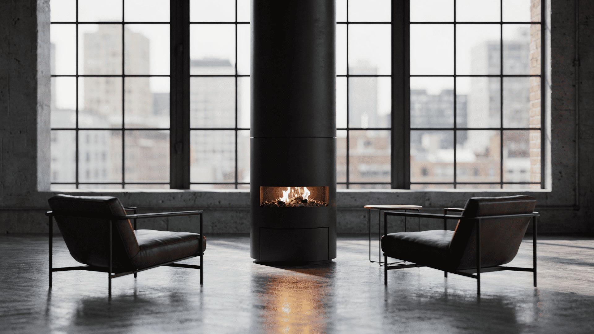 freestanding cylindrical black column fireplace rising floor to near ceiling in a loft space with polished concrete floors and floor to ceiling industrial steel framed windows with two dark leathe