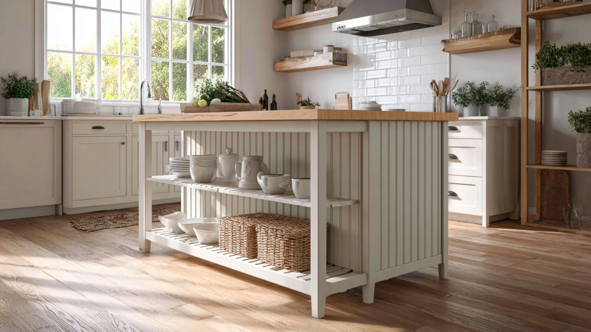 freestanding cream kitchen island with open lower shelves holding dishes and wicker baskets on wood floor