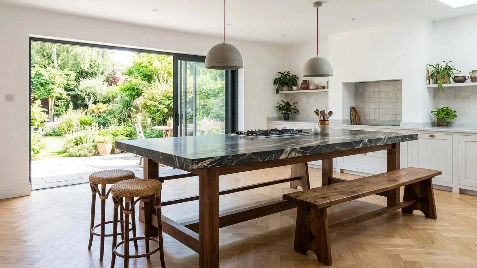freestanding kitchen island on solid wood trestle legs with dark marble slab top and wood bench seating