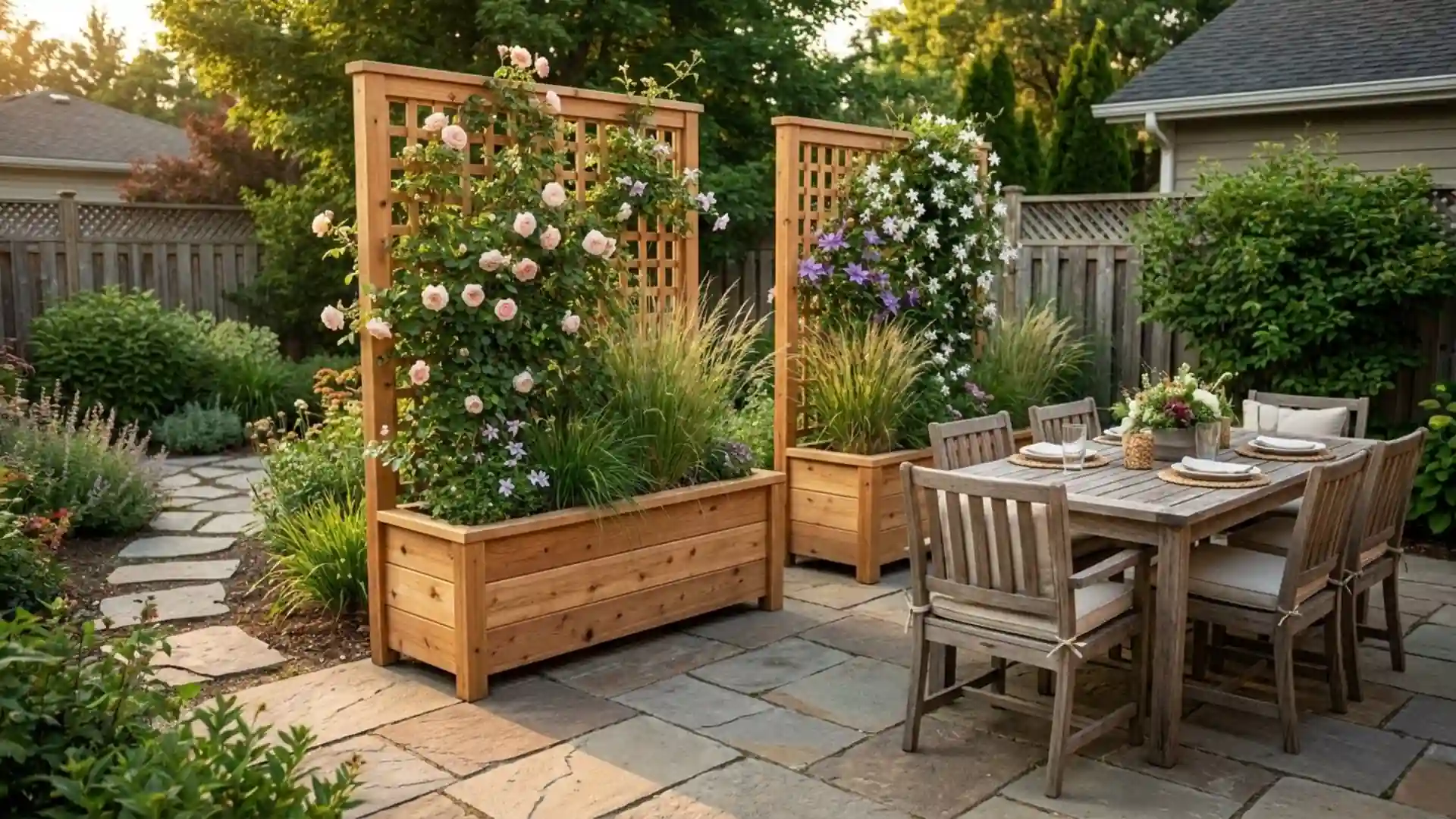 backyard patio dining area with wooden planter privacy screens, climbing flowers, and outdoor garden seating at sunset