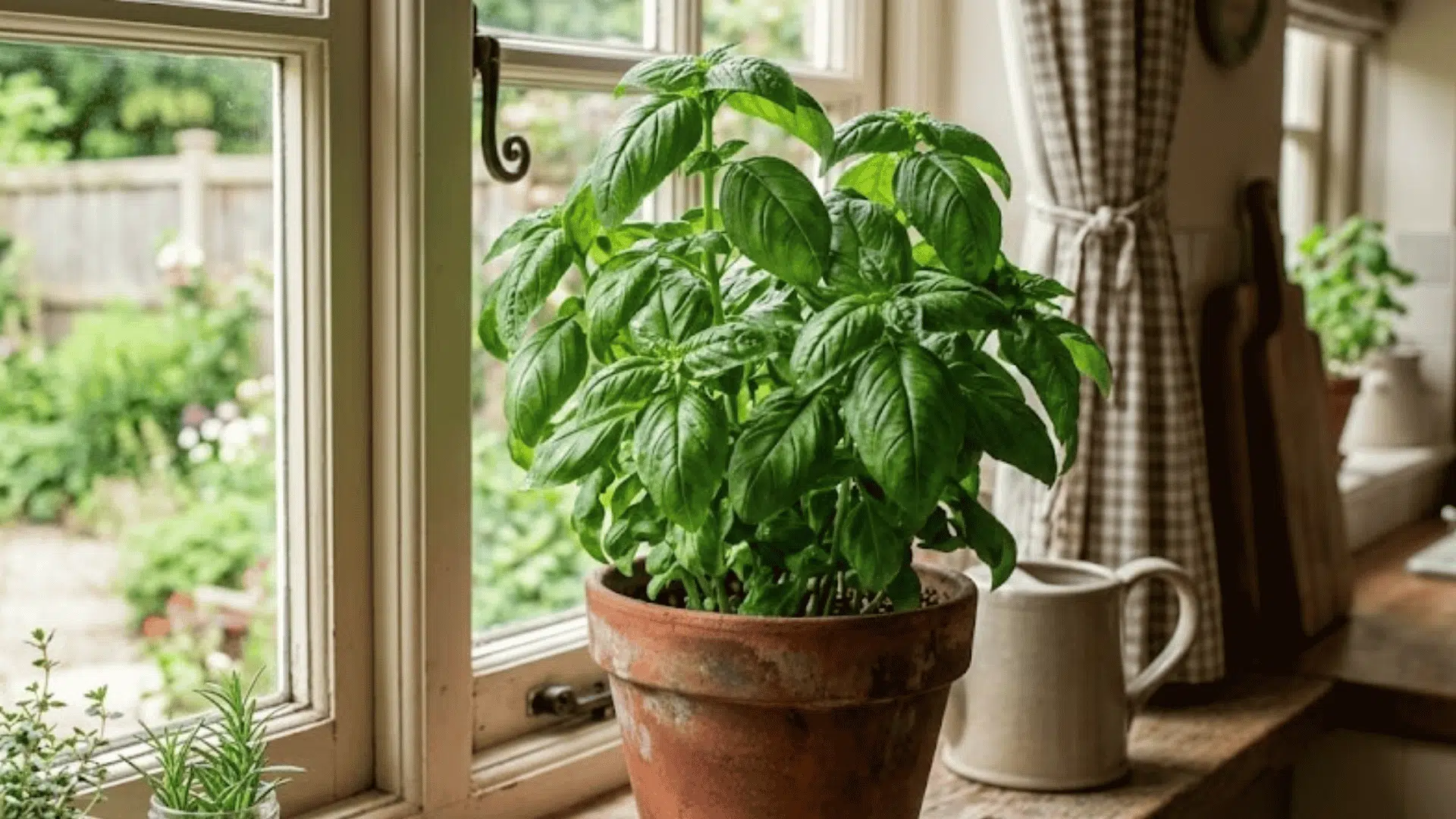 fresh basil plant in a clay pot sitting on a bright kitchen windowsill