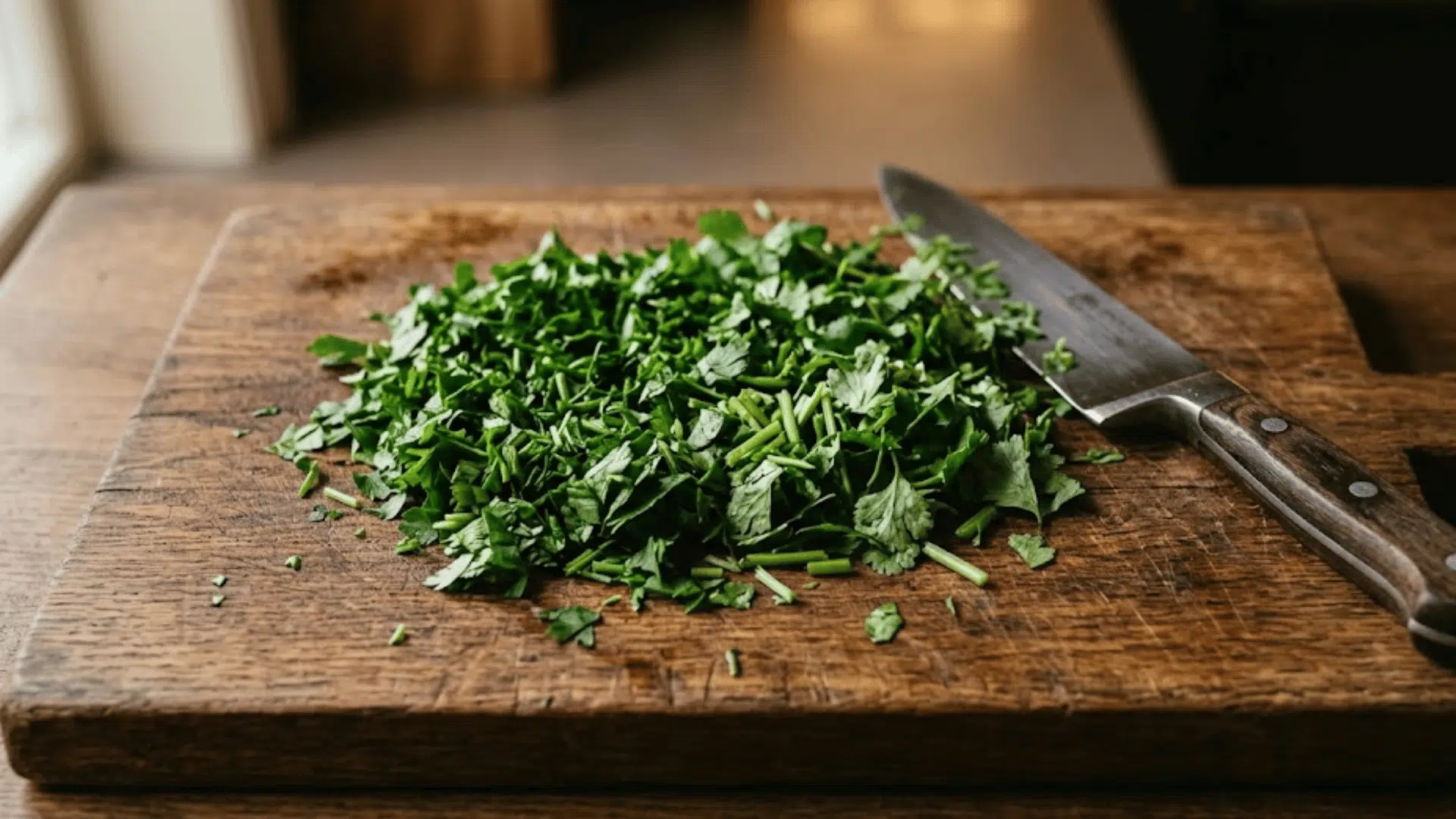 fresh chopped parsley on wooden board beside knife for home cooks herb guide