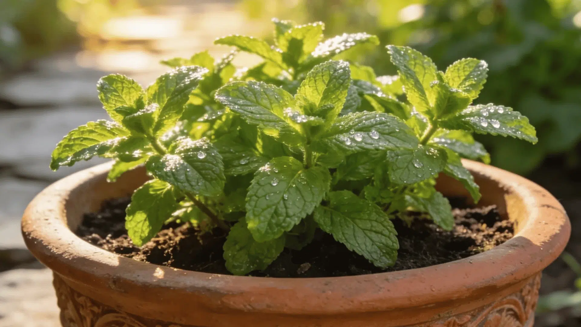 fresh mint plant growing in a clay pot with water drops glowing in warm garden sunlight