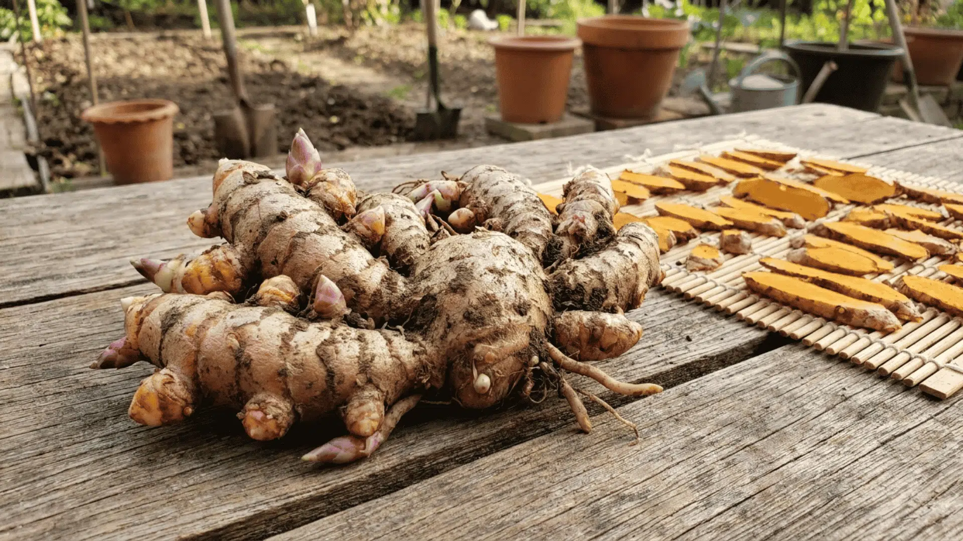 Fresh turmeric roots and sliced pieces drying on a bamboo mat on a wooden table in a garden workspace