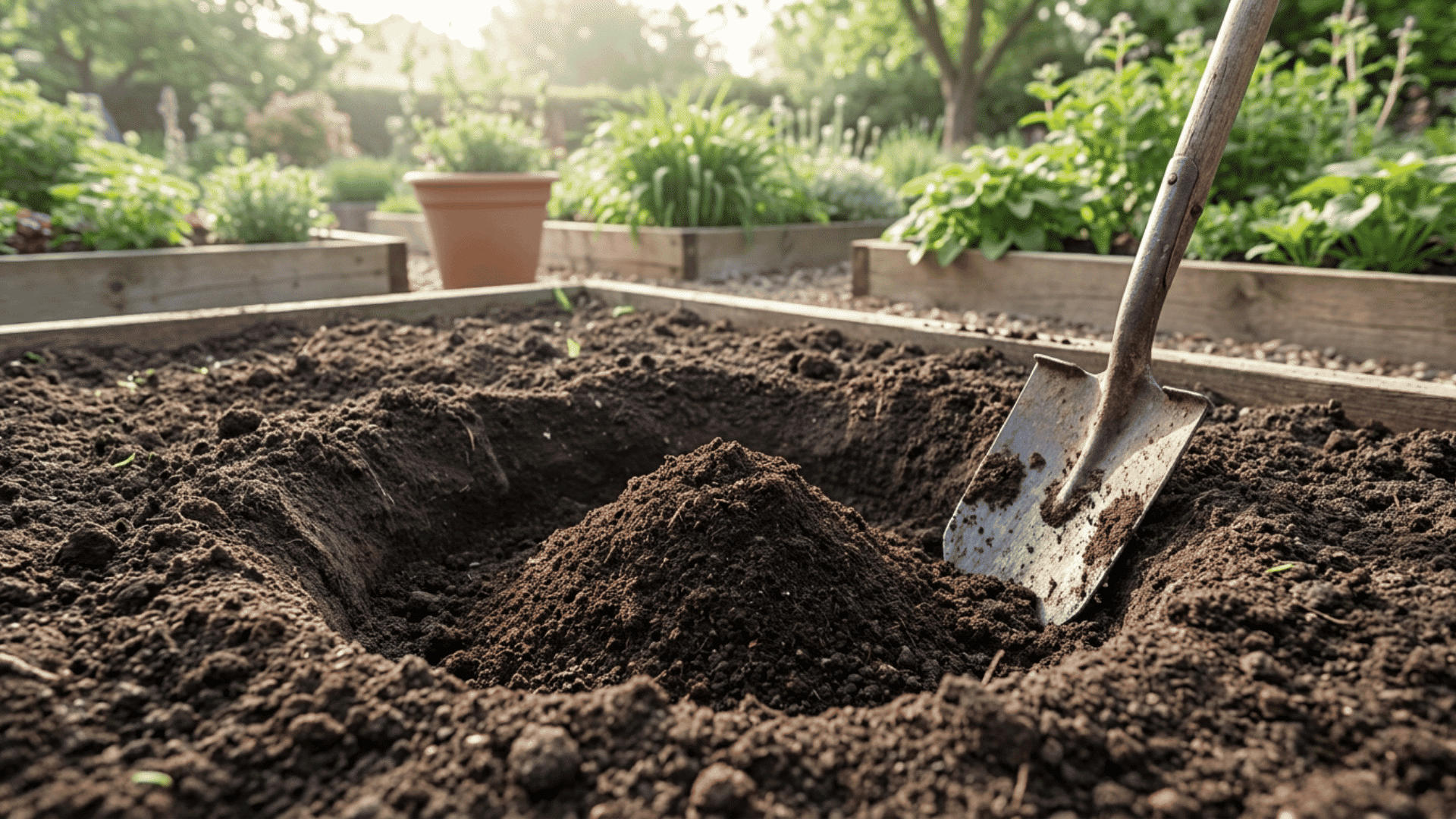 Freshly dug garden hole with a small soil mound at the bottom for planting bare-root roses, surrounded by rich dark soil and a shovel in a raised backyard garden bed.