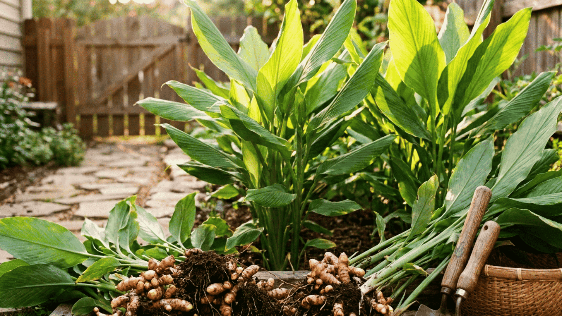 freshly harvested turmeric plants with roots and broad green leaves beside hand tools and a basket in a garden (1)