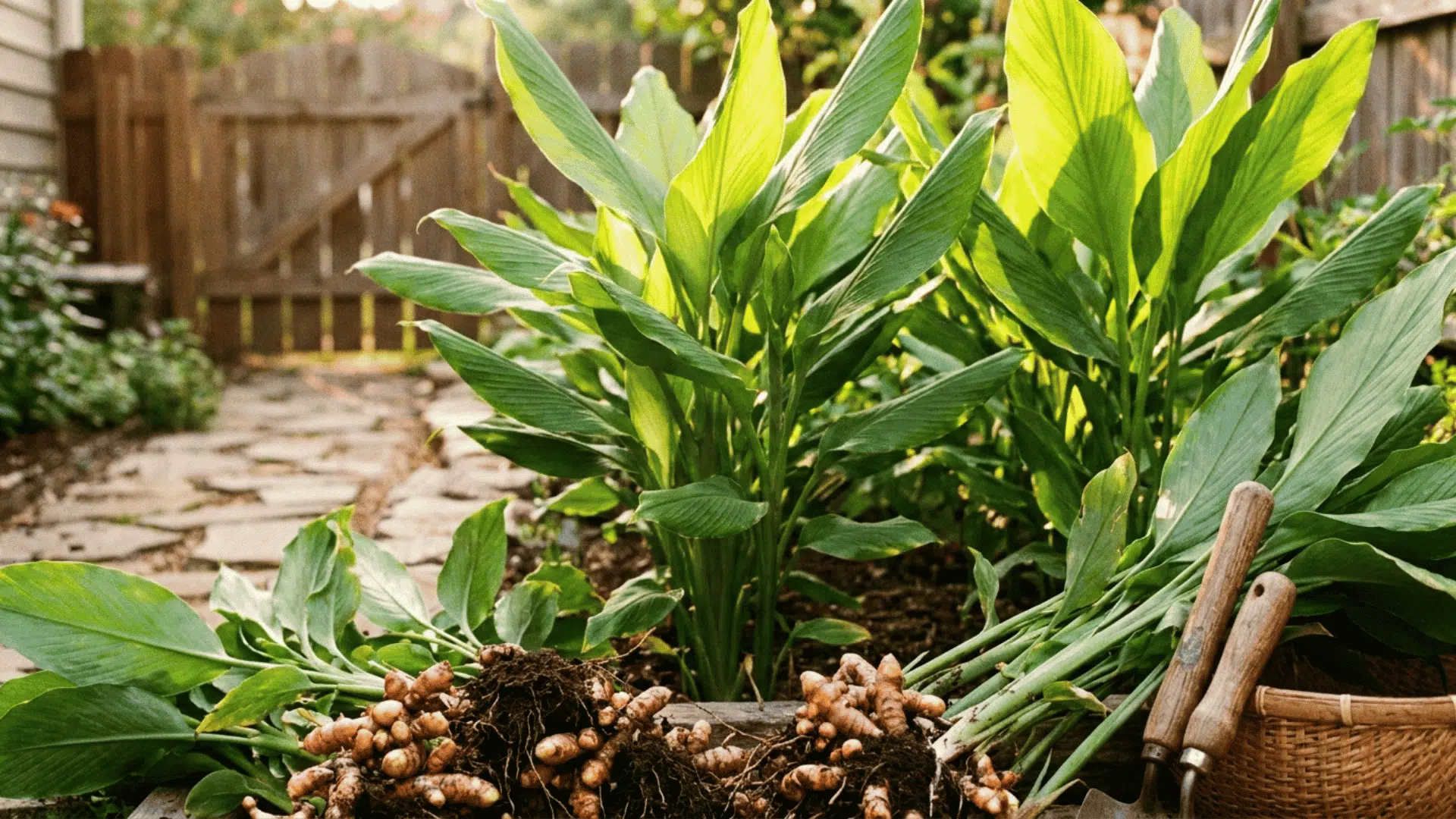 freshly harvested turmeric plants with roots and broad green leaves beside hand tools and a basket in a garden (1)