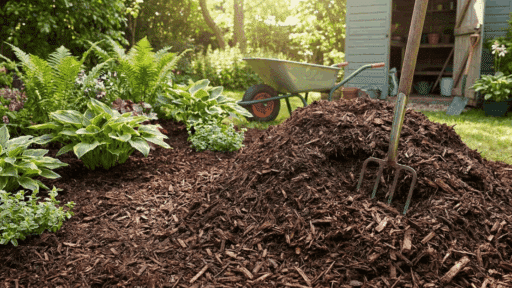 Freshly mulched garden bed with plants, a garden fork in a pile of mulch, a wheelbarrow, and a shed in the background
