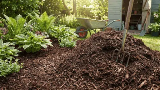 Freshly mulched garden bed with plants, a garden fork in a pile of mulch, a wheelbarrow, and a shed in the background