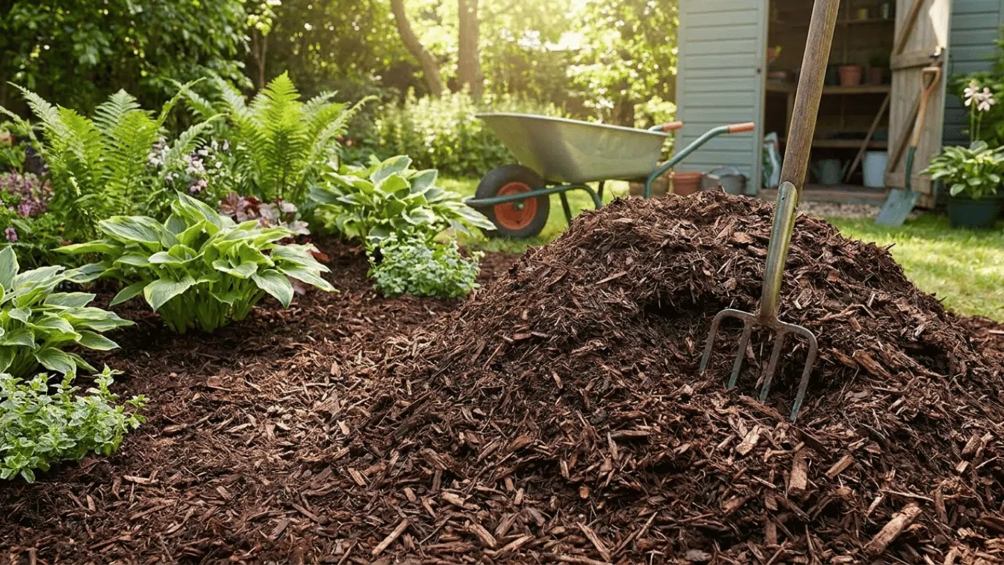 Freshly mulched garden bed with plants, a garden fork in a pile of mulch, a wheelbarrow, and a shed in the background