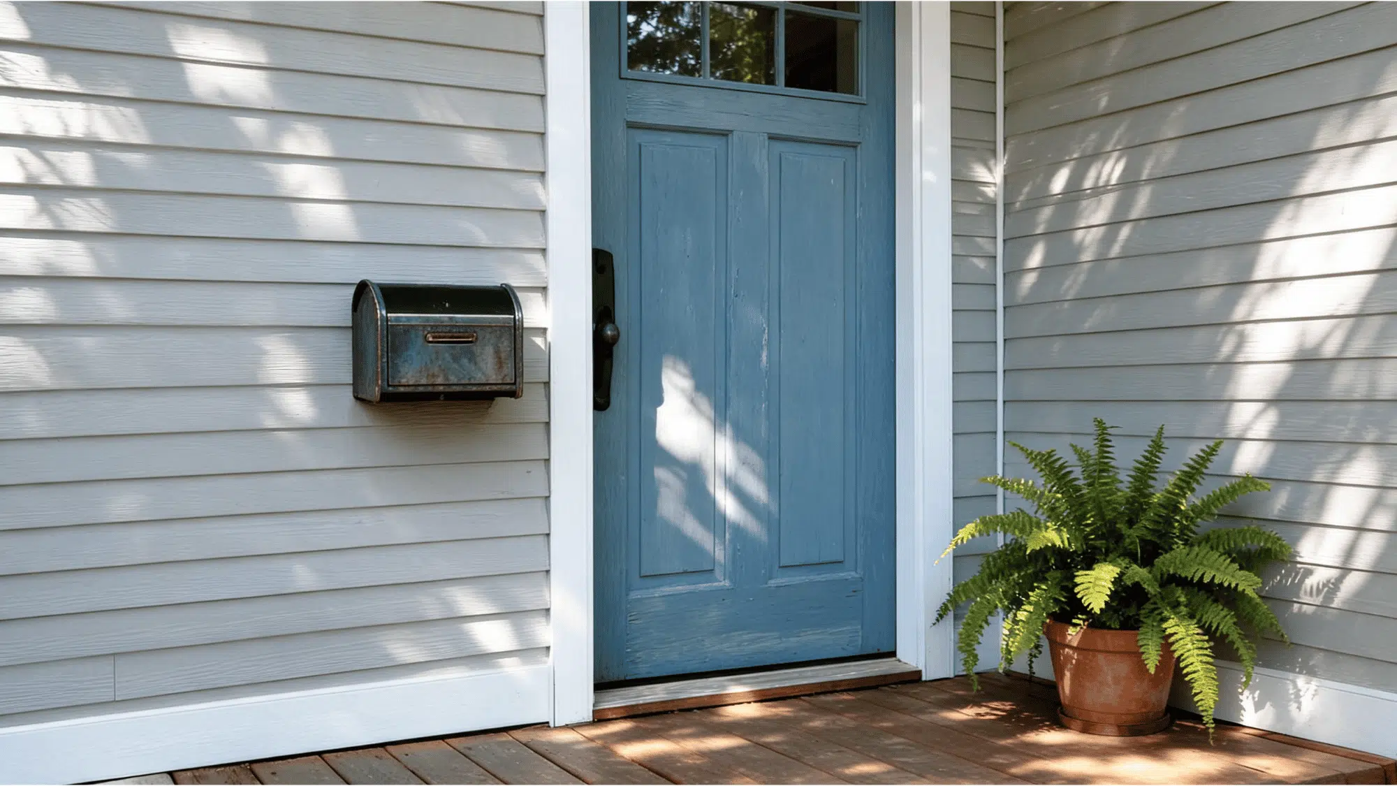 freshly painted blue door with a wall mailbox and potted fern on a realistic suburban wooden porch in uneven sunlight