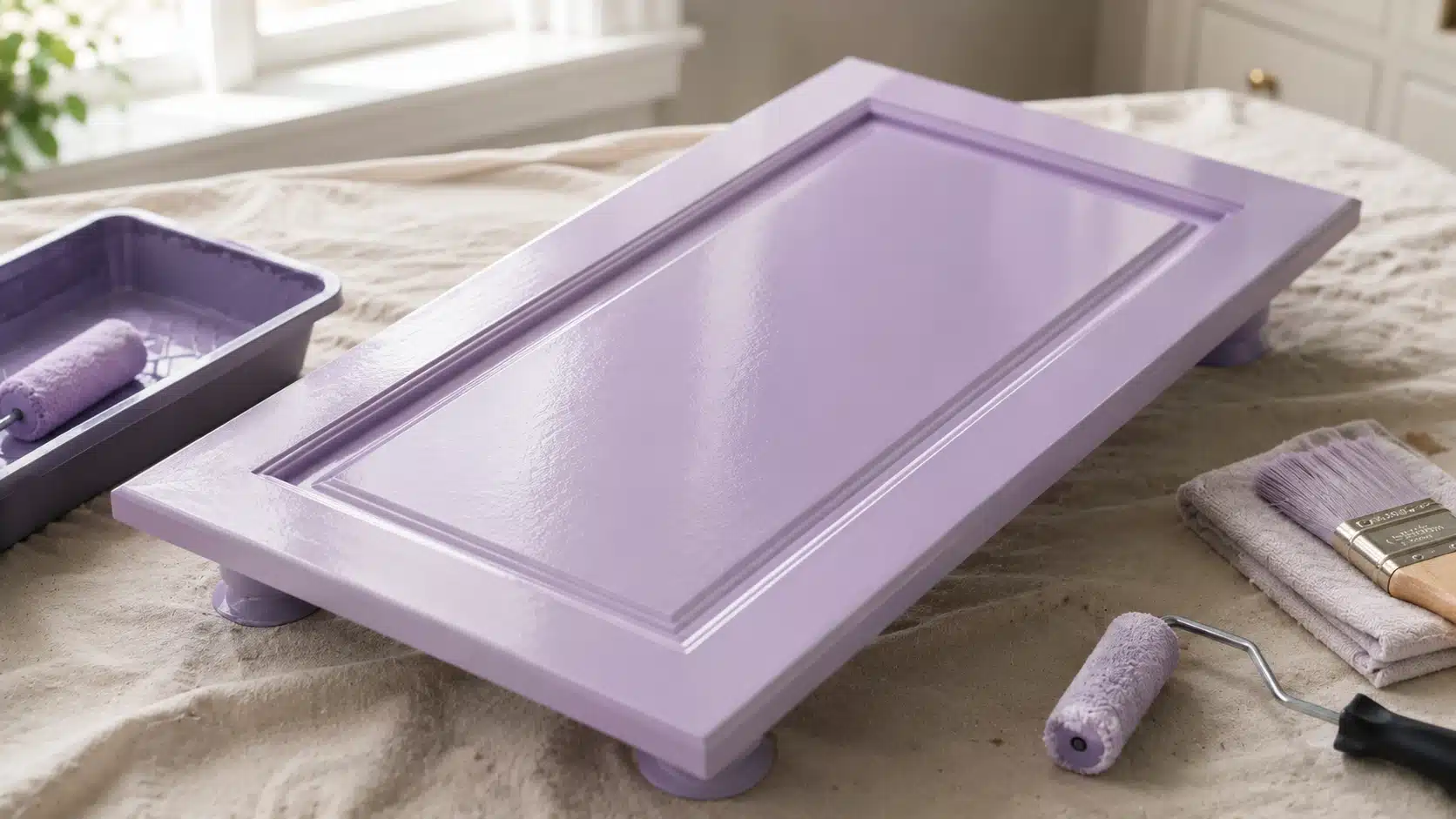 freshly painted lavender cabinet door curing on small supports with roller tray and brush in a bright diy workspace