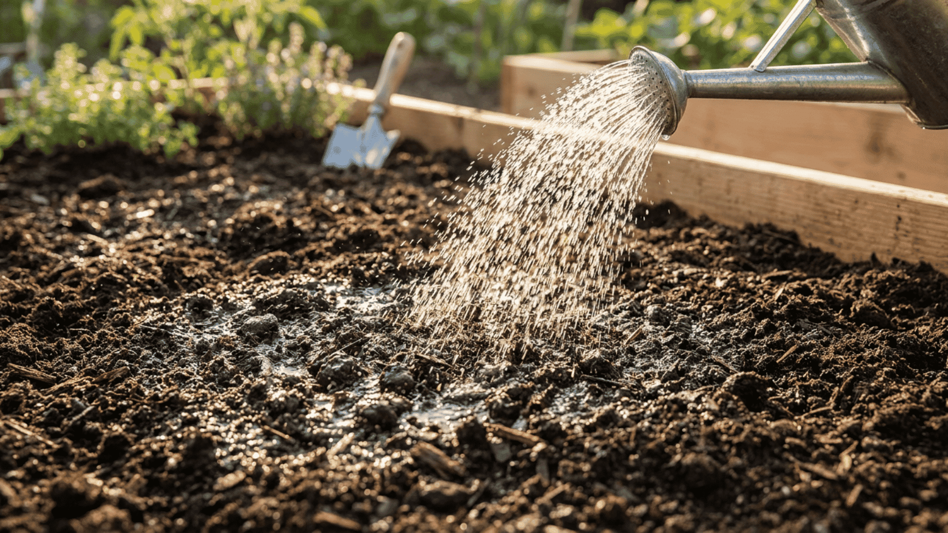 _ Freshly watered topsoil in a raised garden bed, water soaking into dark rich soil, gentle spray from a metal watering can, realistic outdoor garden scene, natural sunlight.