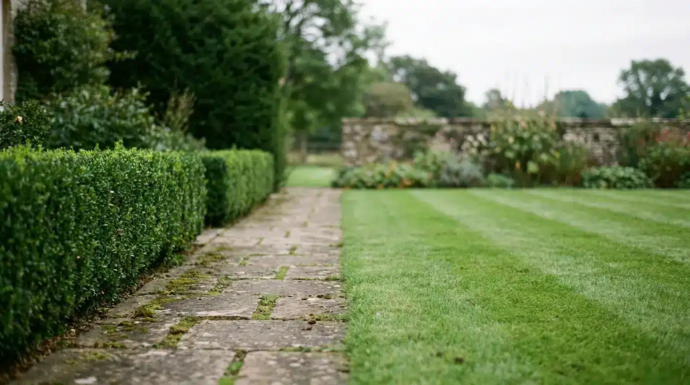 Stone pathway alongside neatly trimmed hedge and manicured lawn in lush garden setting