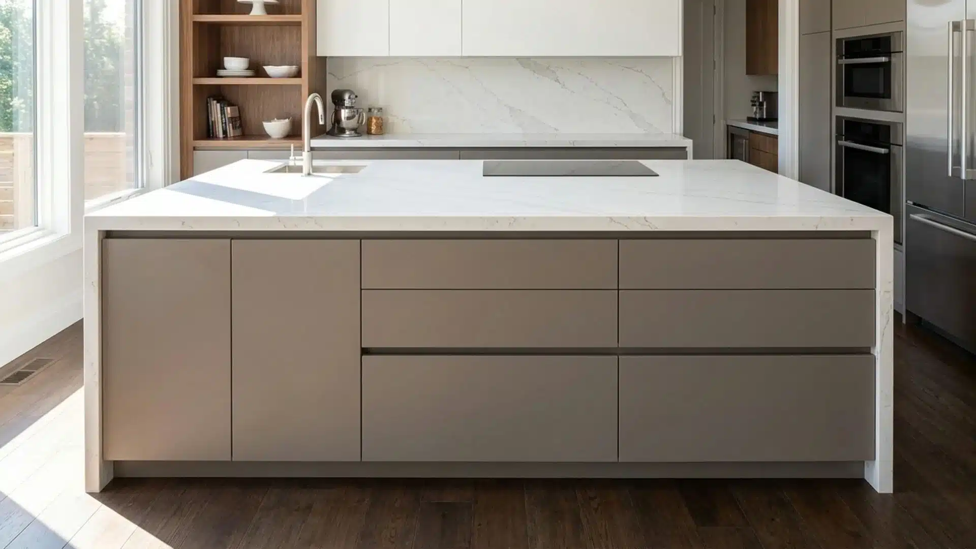 full overlay flat-front gray cabinets on kitchen island with white quartz countertop