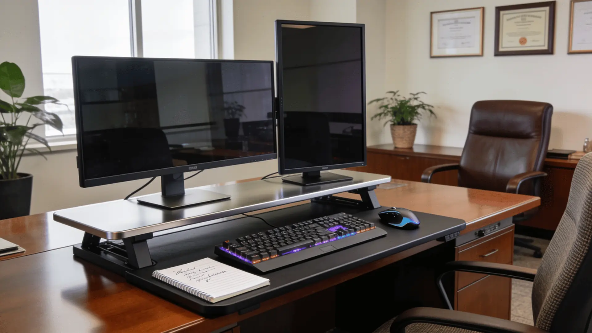 large full width desk riser supporting dual monitors and keyboard placed on a spacious executive desk in a professional room
