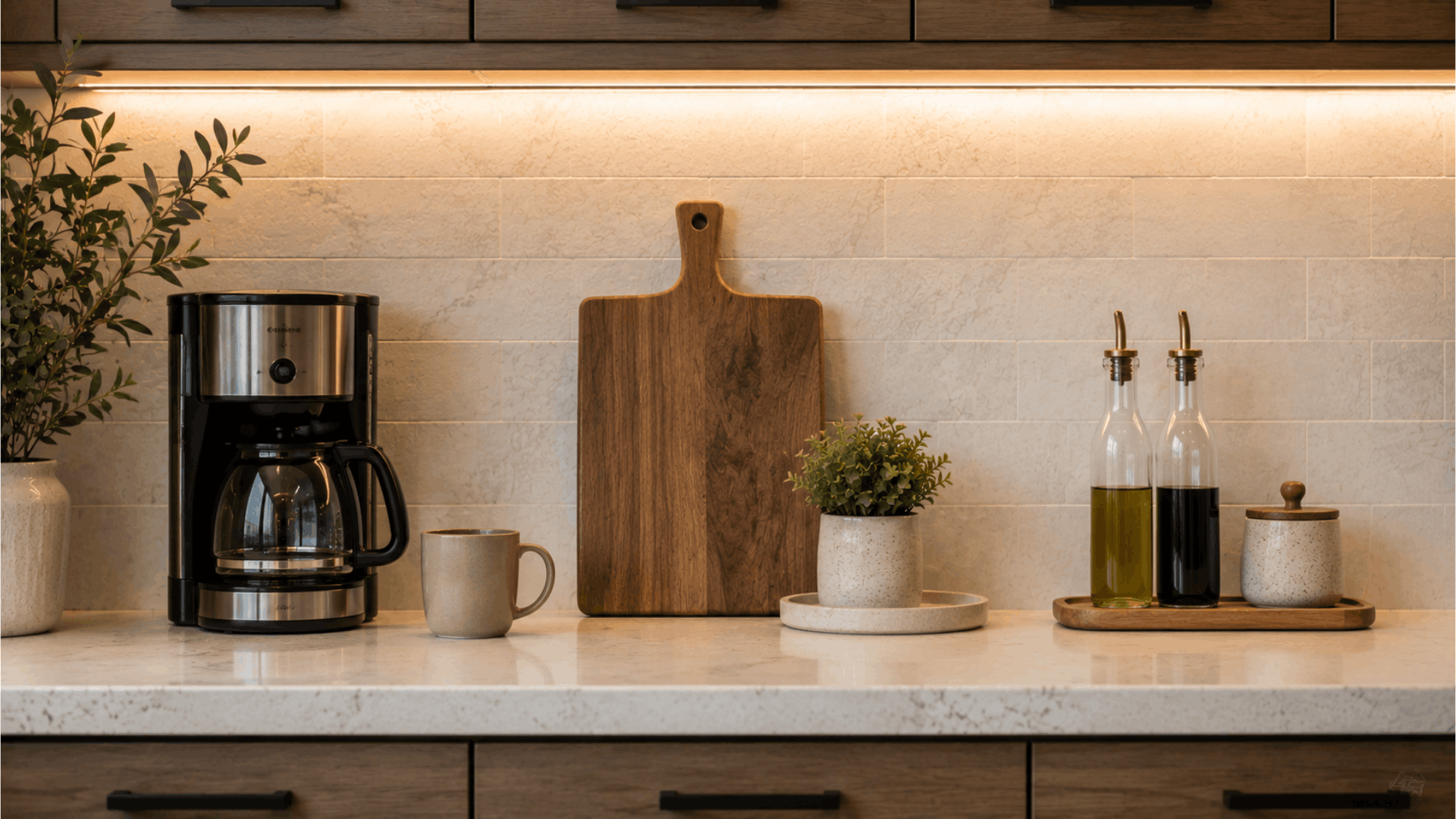 functional kitchen countertop with coffee maker wooden cutting board oil bottles small plant and storage container under warm lighting