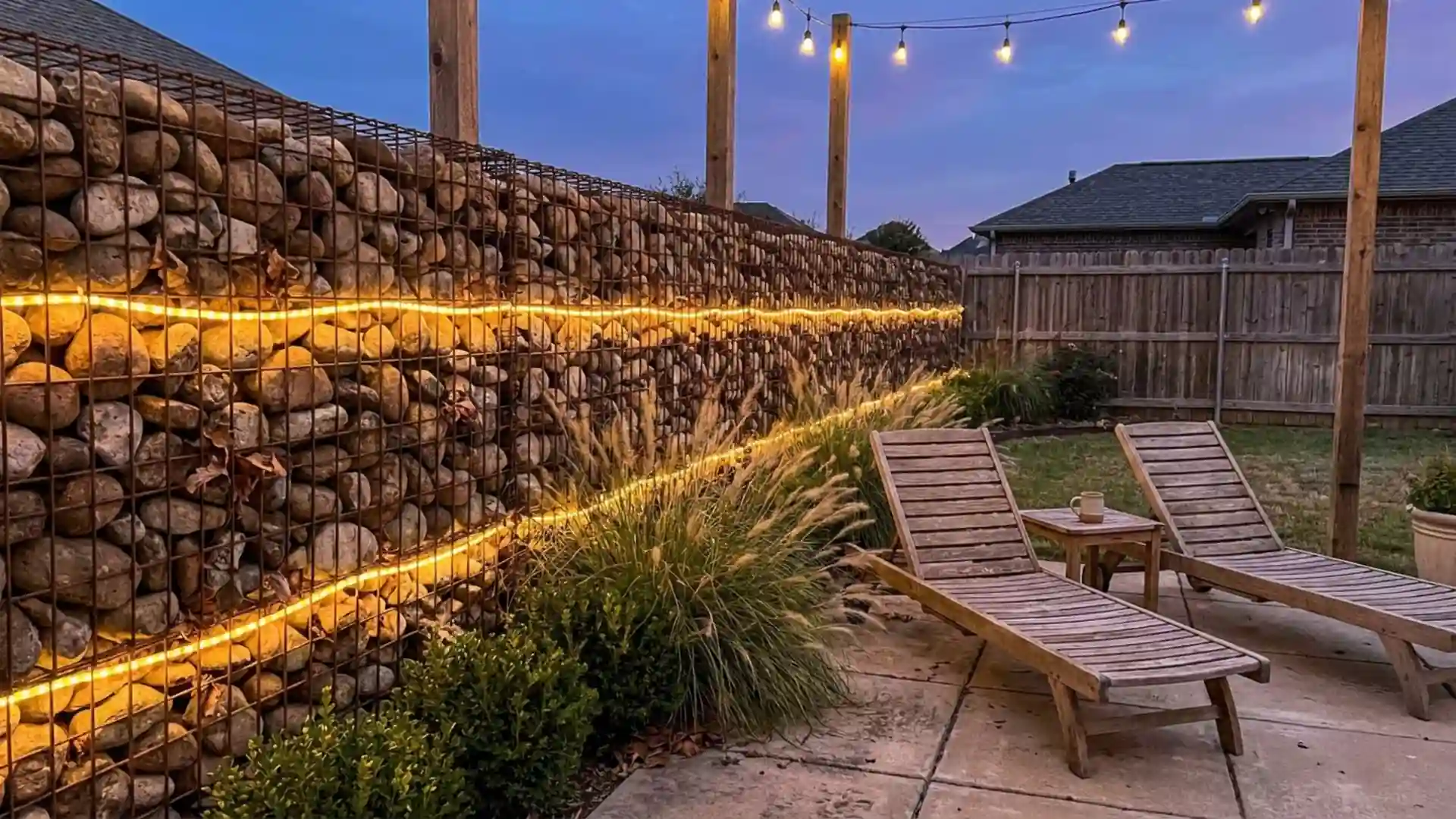 backyard patio with illuminated stone gabion privacy wall, wooden lounge chairs, and string lights at dusk