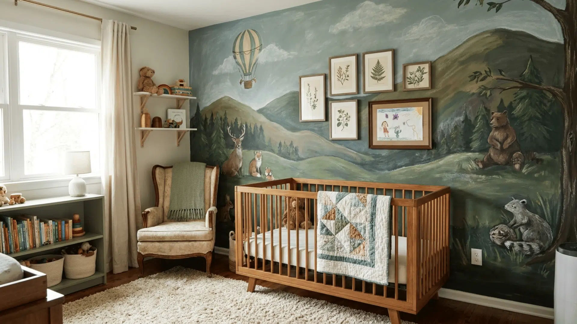 gallery wall displayed over hand painted mural in creative room
