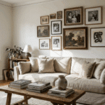 gallery wall with framed art and family photos displayed above a sofa in a bright living room