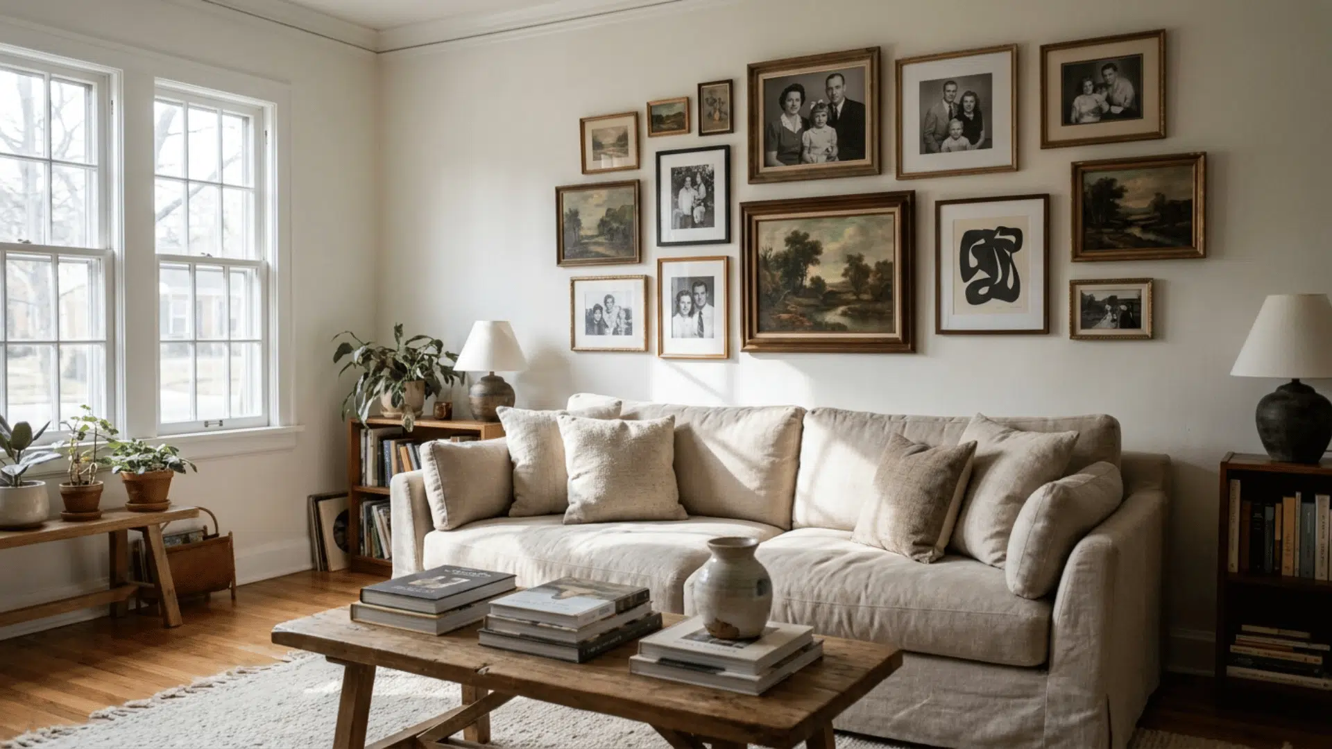 gallery wall with framed art and family photos displayed above a sofa in a bright living room