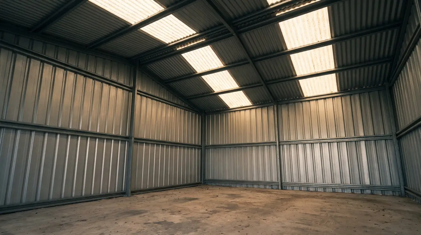 Empty metal storage shed with corrugated iron walls and ceiling under soft lighting