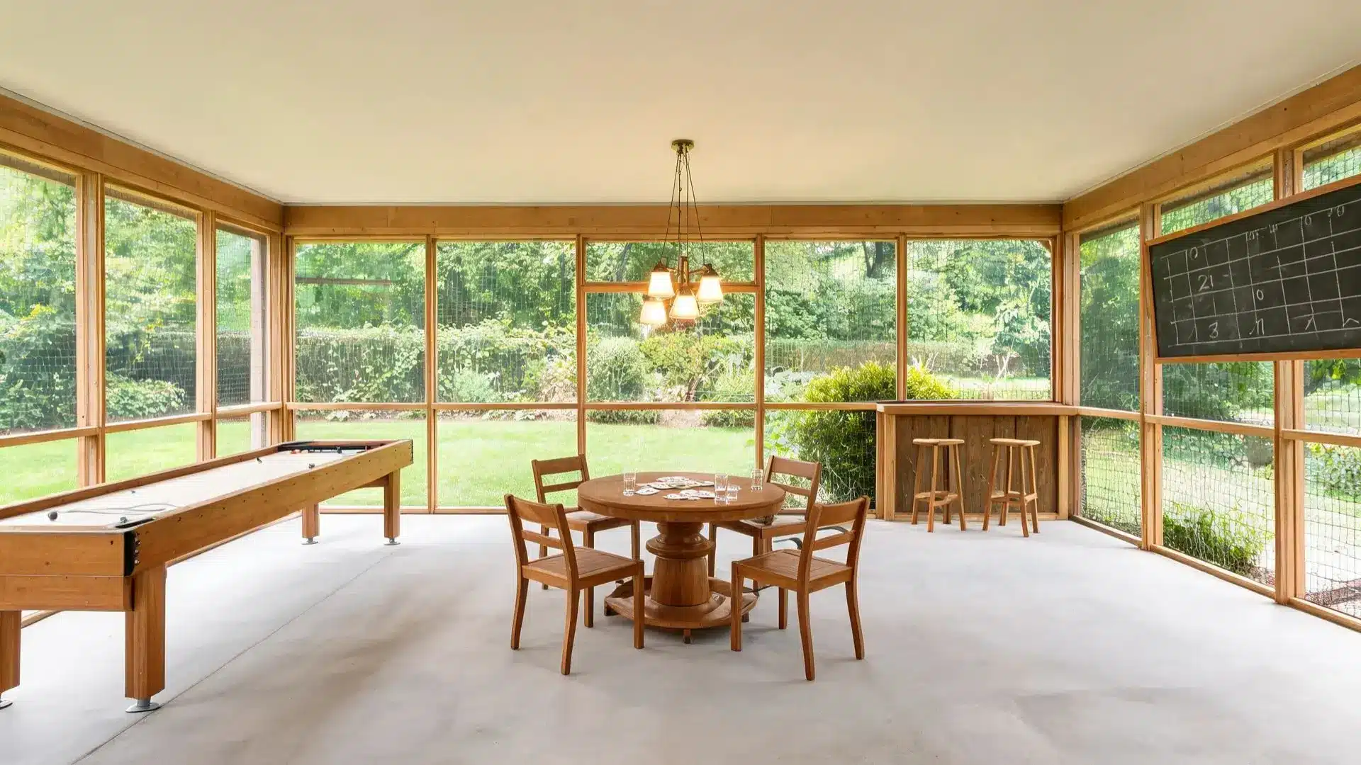 wood shuffleboard table beside a round pedestal game table with four chairs under a pendant chandelier