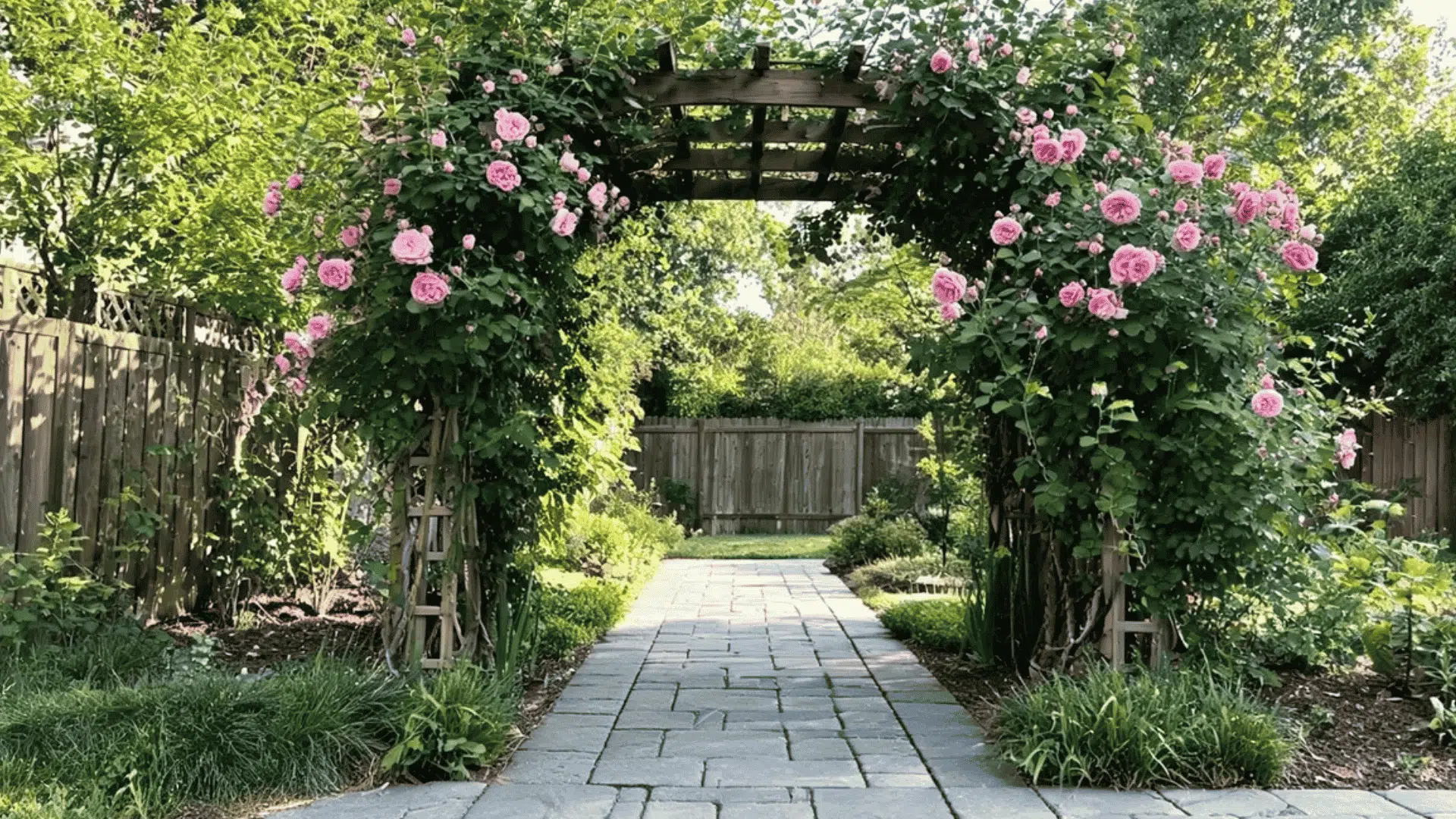 garden arch covered with blooming pink roses above a stone walkway in a backyard